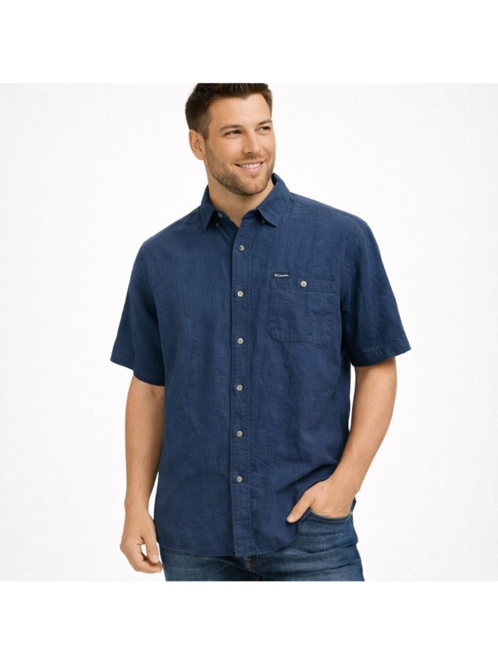 Columbia Mens Shirt Cotton Ramie Navy Blue Lightweight Button Front Size XL